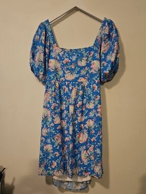 Emily WonderBlue Floral Square-Neck Midi Dress with Puff Sleeves